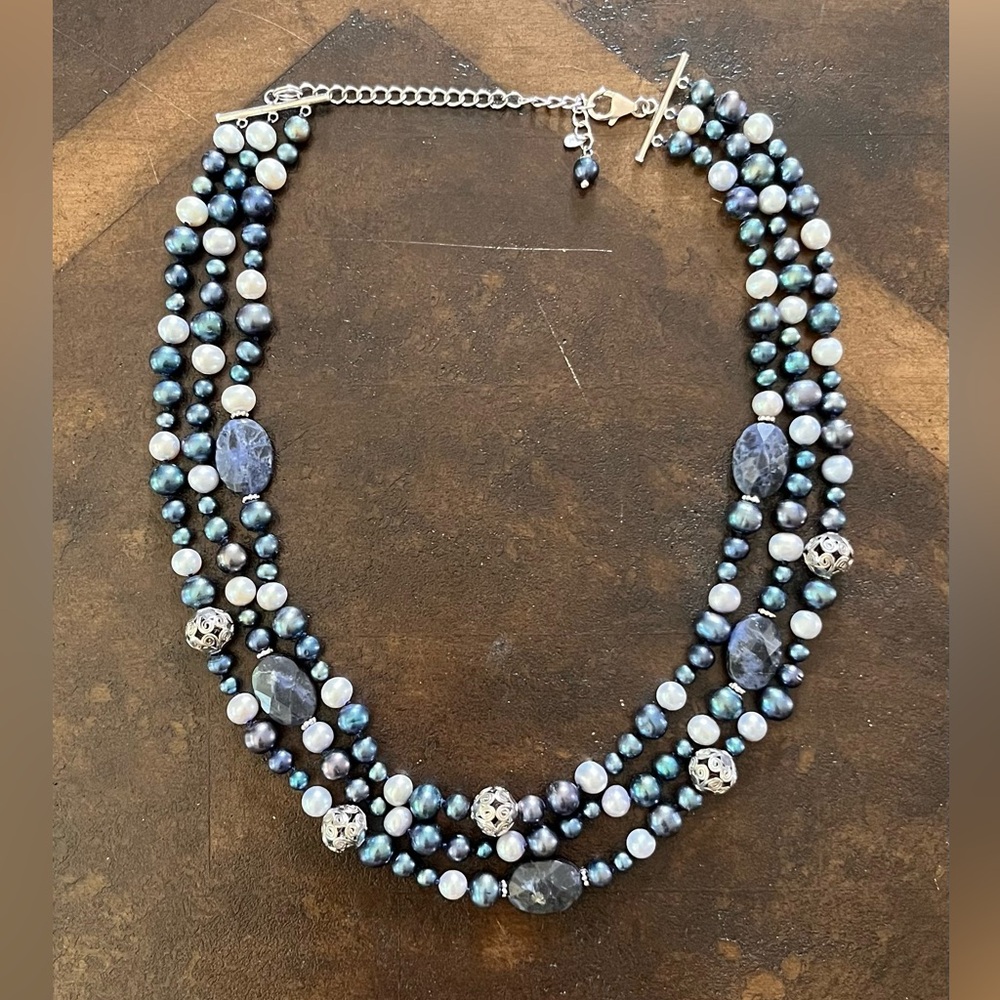 Lucas Lameth 3-Strand Blue Pearl & Sodalite Necklace, Sterling Silver Clasp